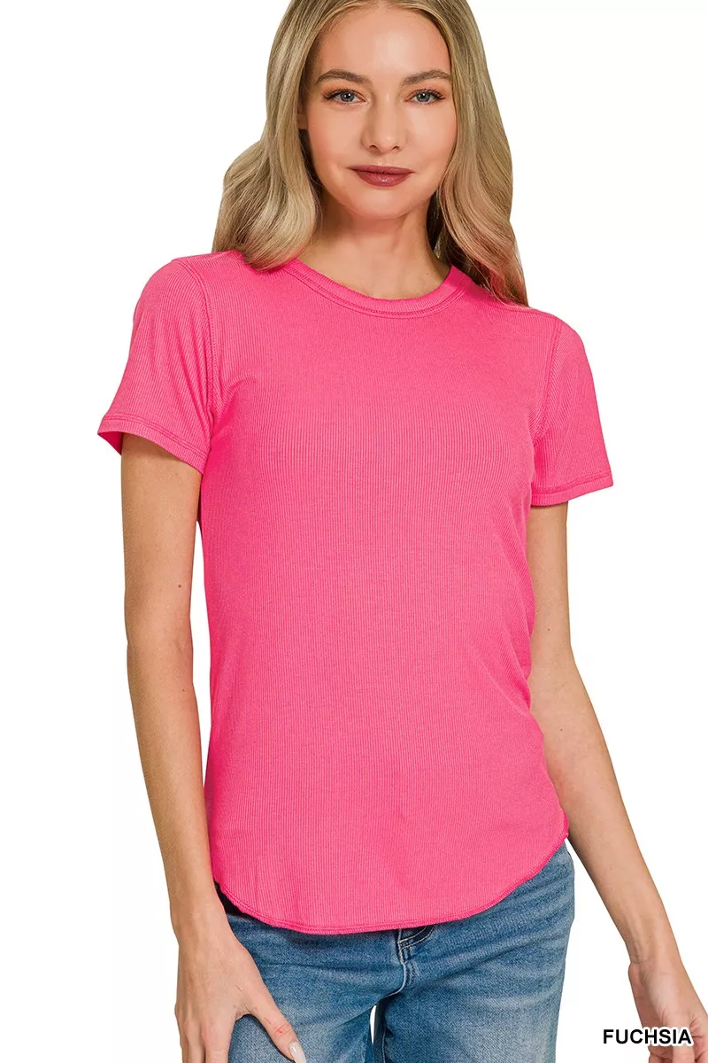 Ribbed Curved Hem Round-Neck Tee