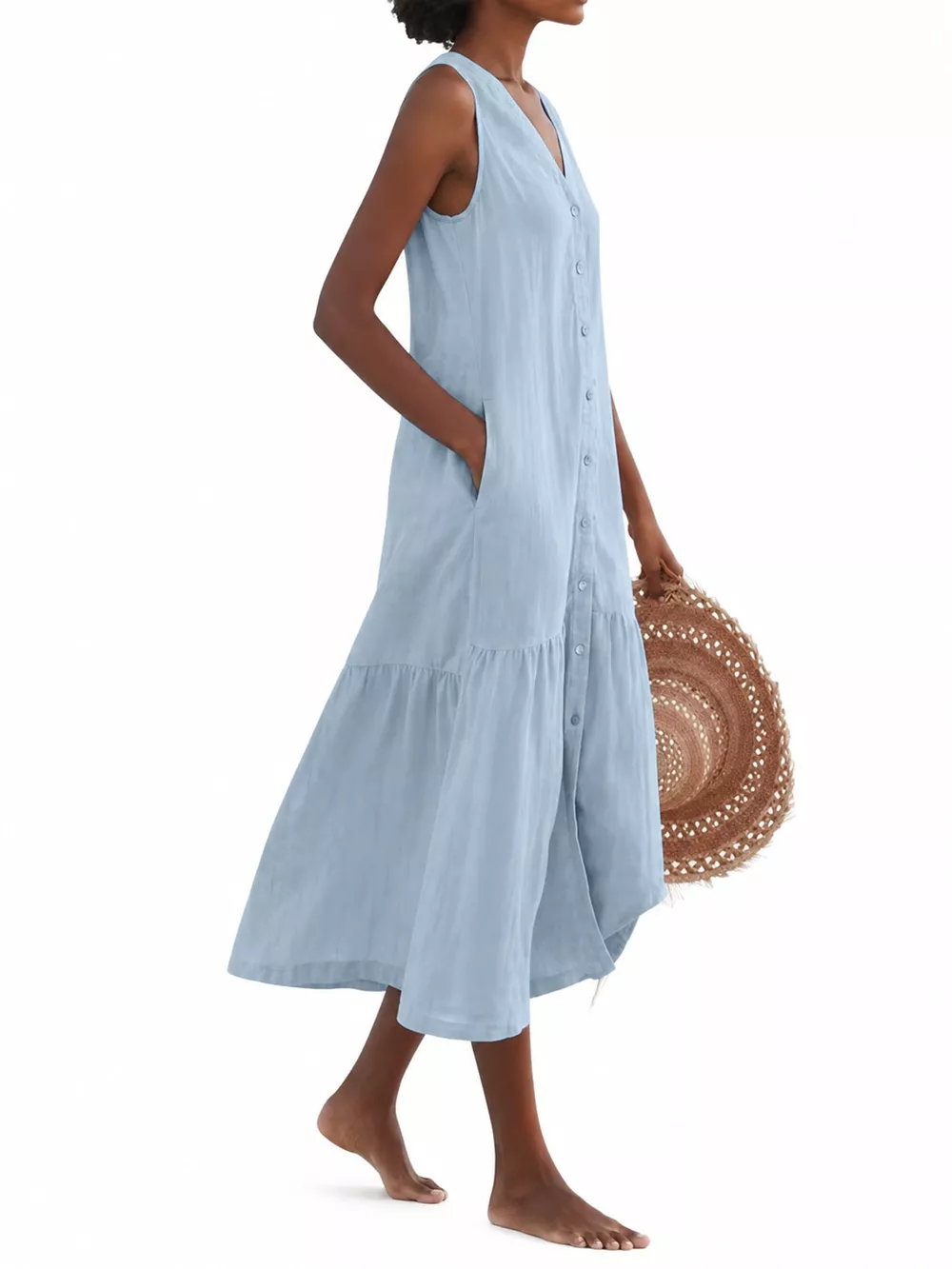 Full Size V-Neck Button Front Sleeveless Midi Dress Plus Size, image 12