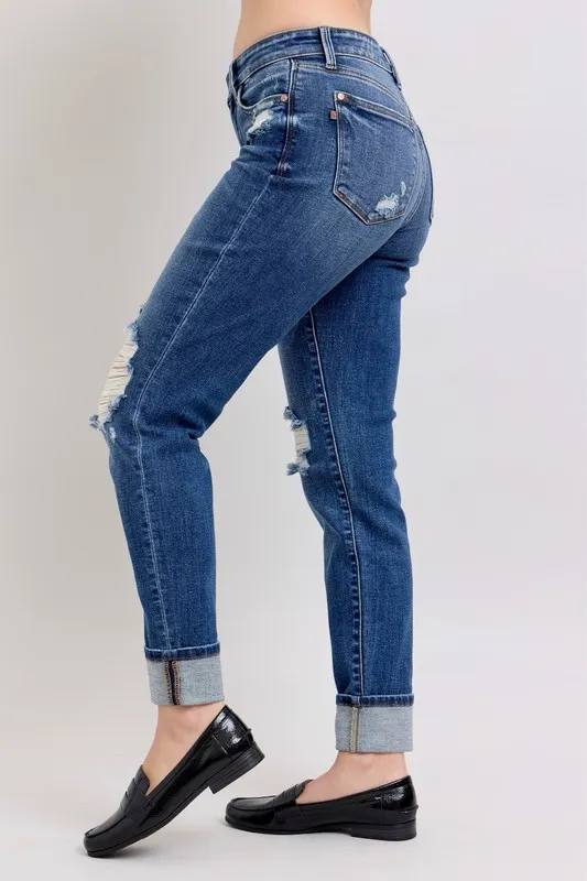 Full Size Mid Rise Boyfriend destroy Jeans with Yoke Pockets and Faux Selvedge Cuff Plus Size, image 7