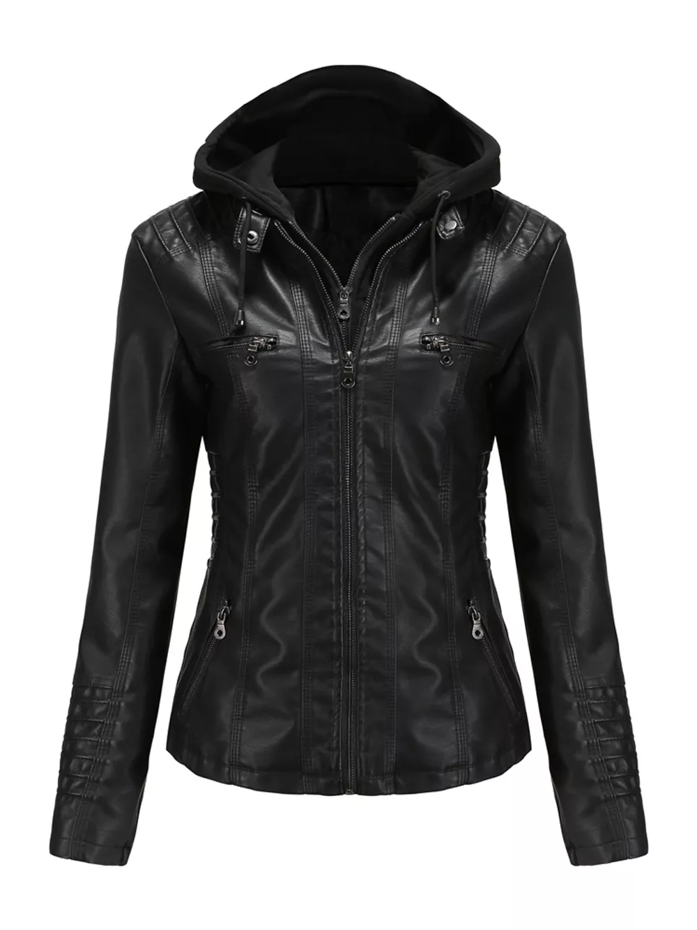 Full Size Detachable Hooded Faux Leather Moto Jacket Plus Size