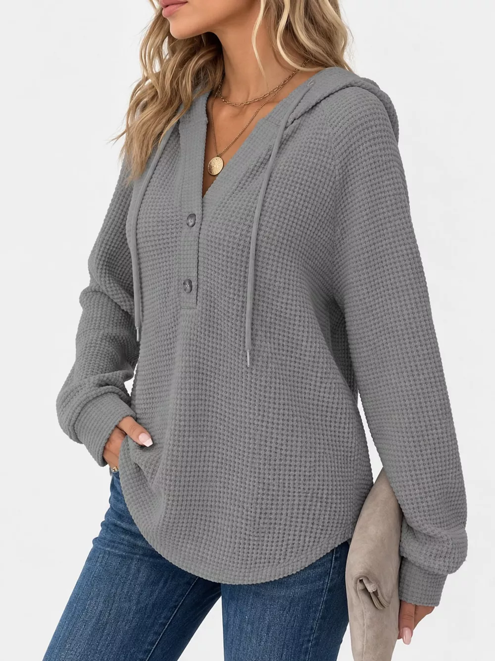 Full Size Waffle Knit Button Detail Hoodie Plus Size, image 33