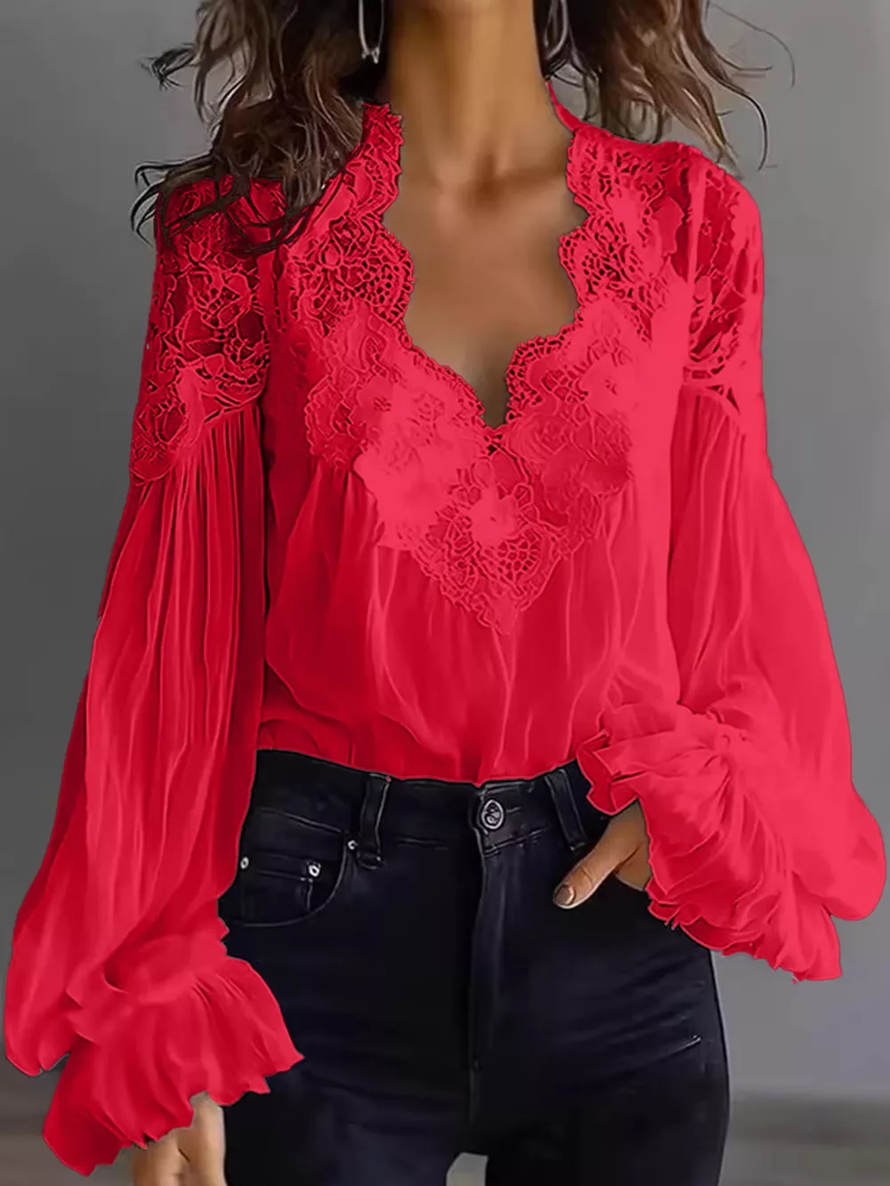 Full Size Lace V-Neck Flounce Sleeve Blouse Plus Size, image 7