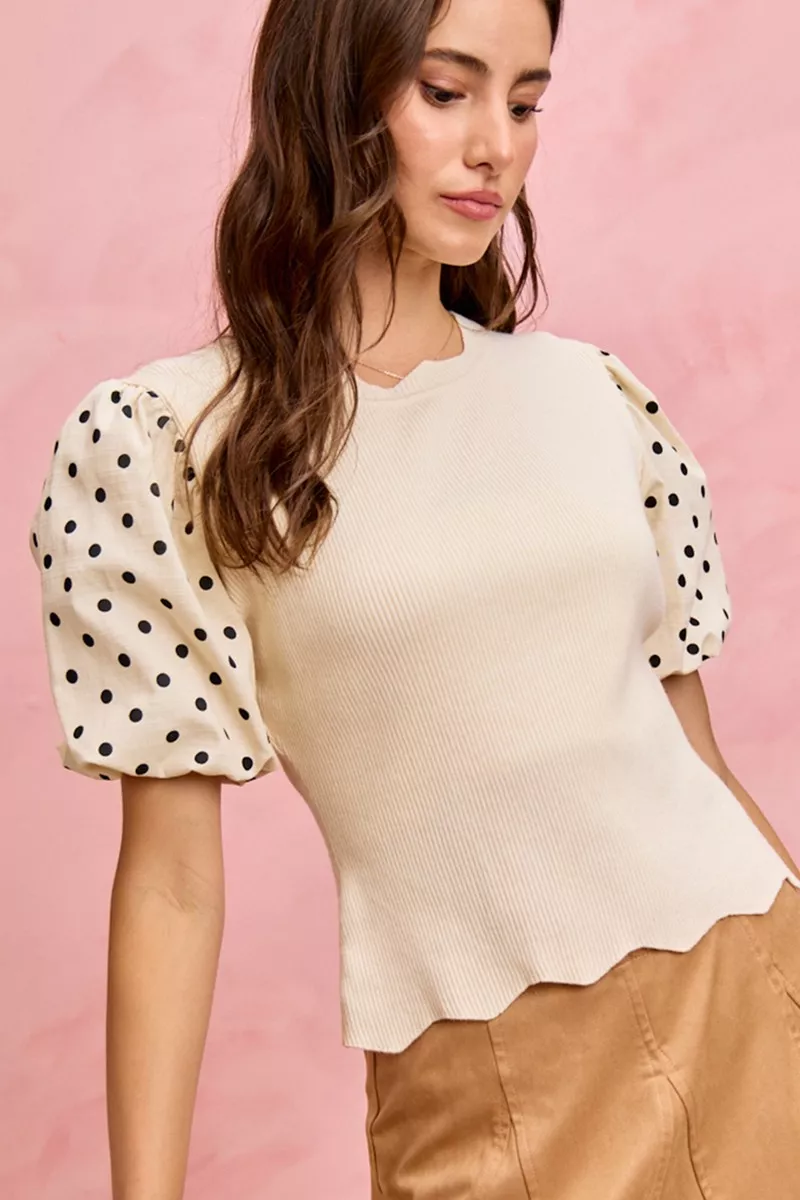 Polka Dot Contrast Woven Ballon Sleeve Blouse, image 2