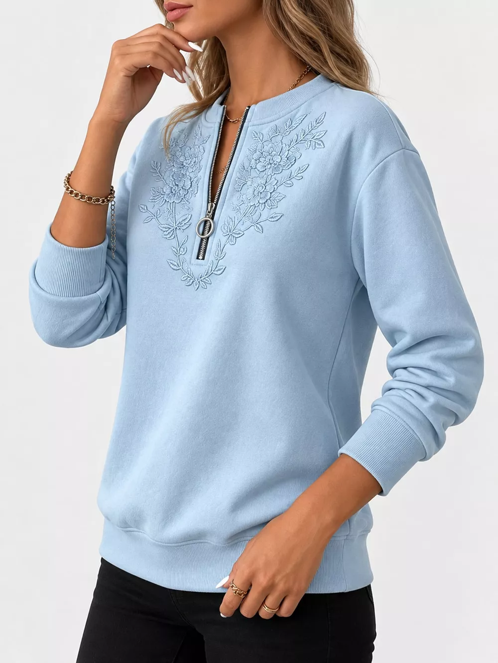 Floral Embroidered Quarter-Zip Sweatshirt, image 12