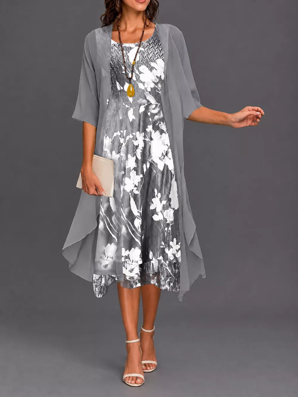 Full Size Floral Print Midi Dress and Chiffon Cardigan Set Plus Size, image 9