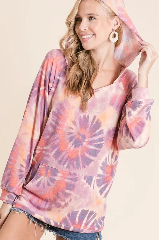 Circular Tie Dye Print Terry Hoodie with Kangaroo, image 2