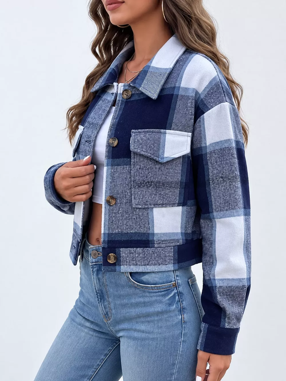 Plaid Button-Front Cropped Jacket, image 6