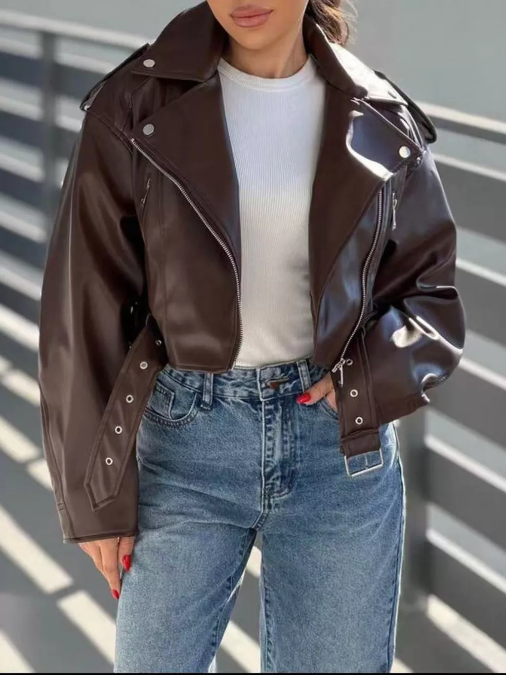 Full Size Faux Leather Zip Up Jacket Plus Size