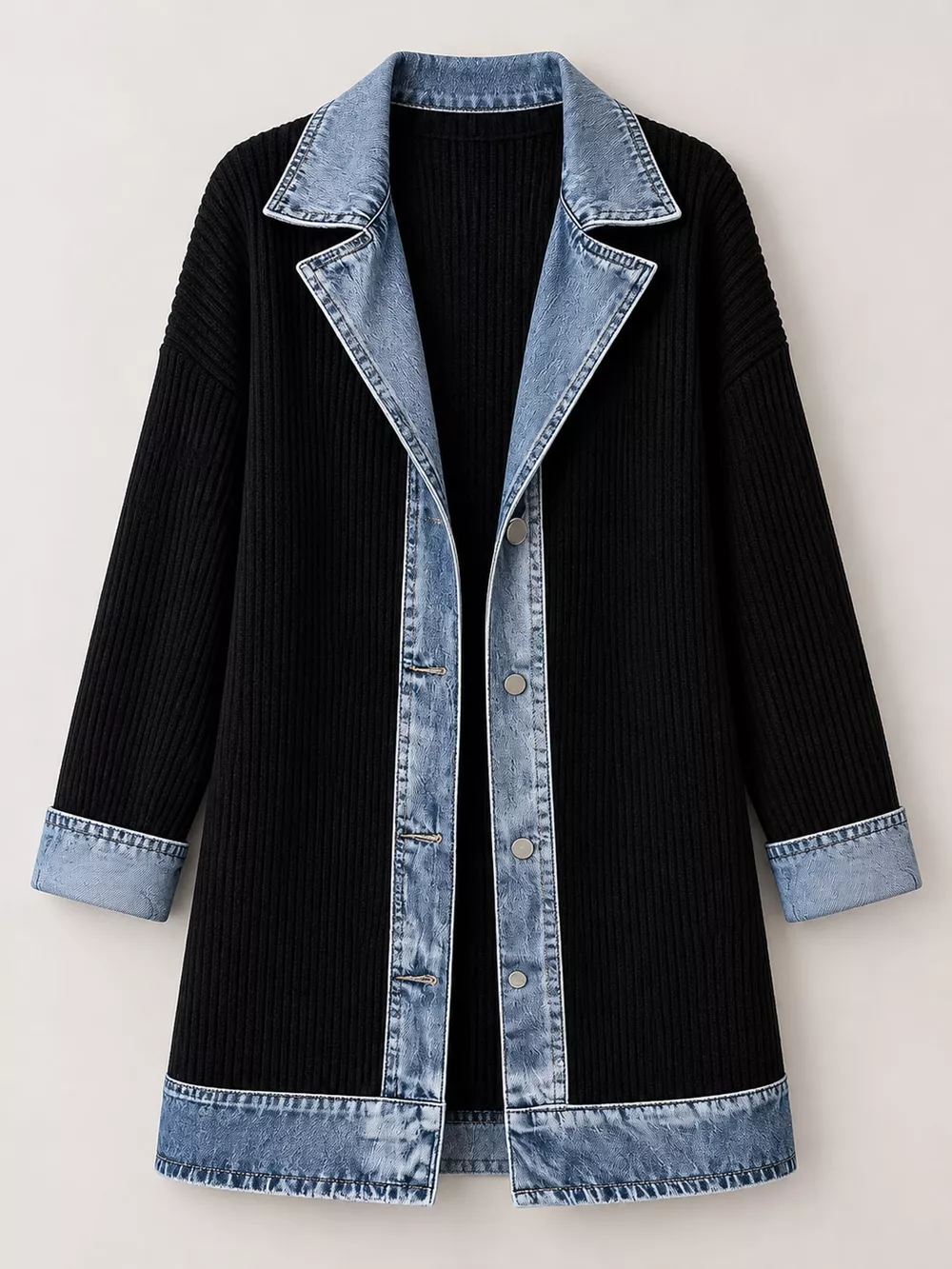 Full Size Denim Trim Ribbed Knit Cardigan Plus Size, image 4