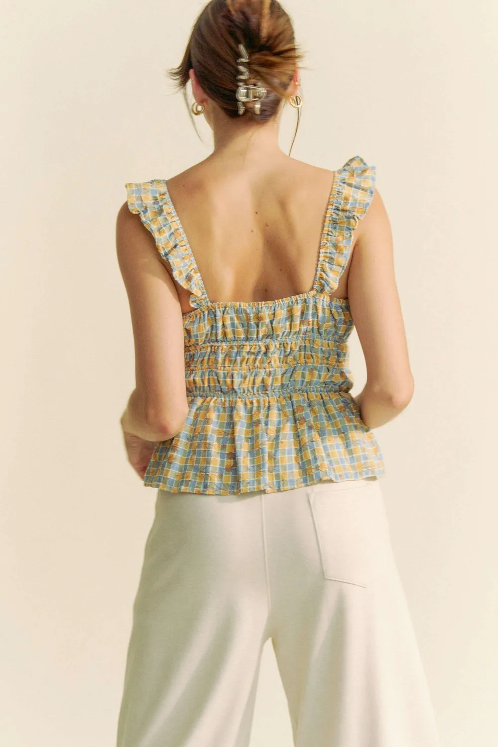 Plaid Ruffled Strap Smocked Sleeveless Top, image 5