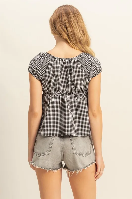 Gingham Scoop Neck Cap Sleeve Blouse, image 3