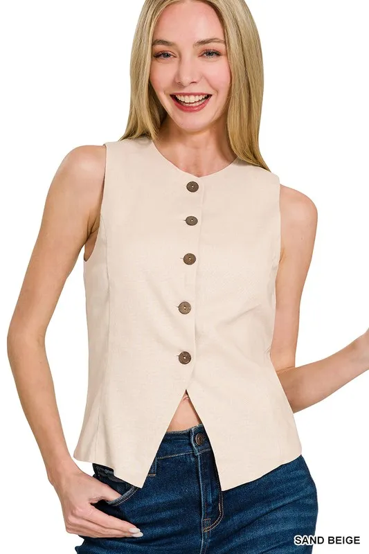 Linen Button Down Vest, image 2