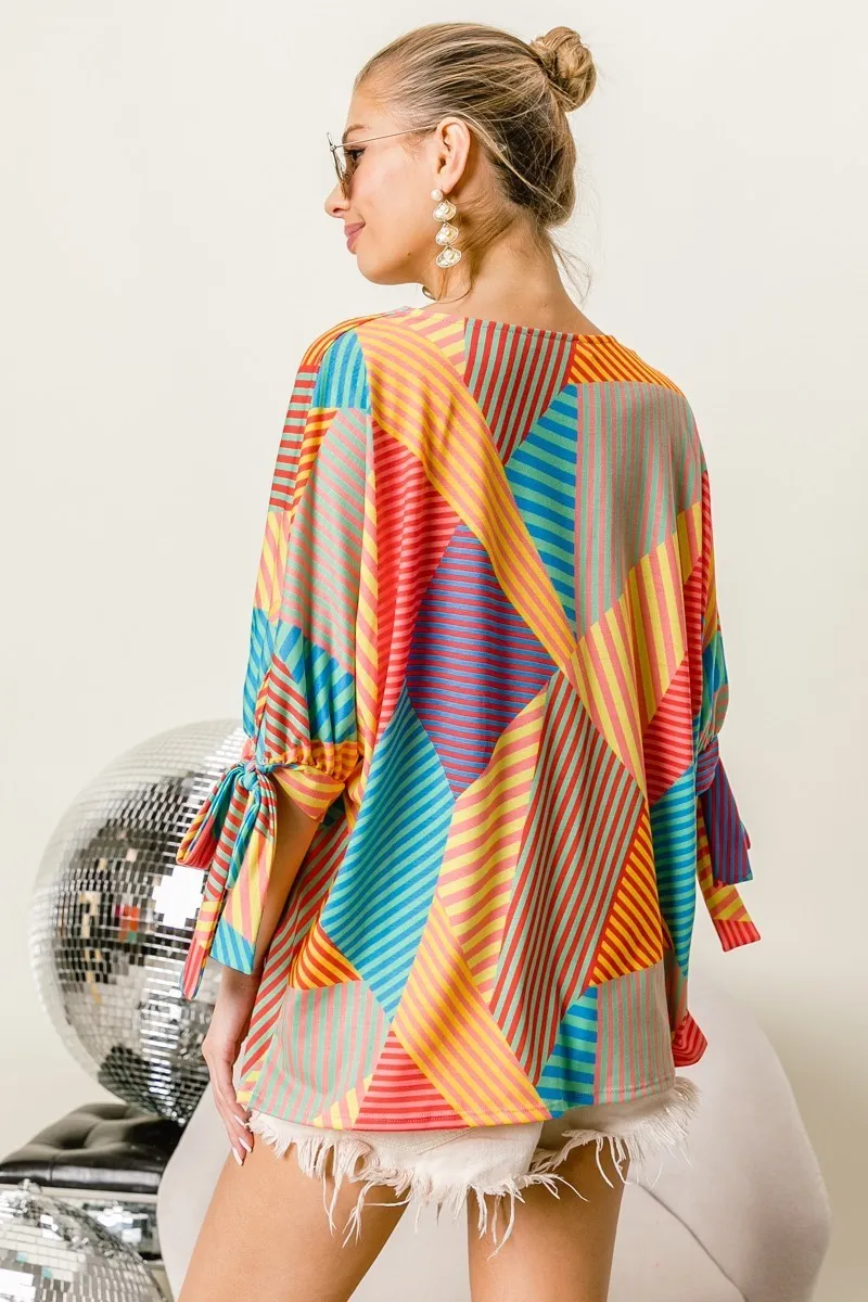 Multi Stripe Block Printed Jersey Blouse with Tied Sleeves, image 5
