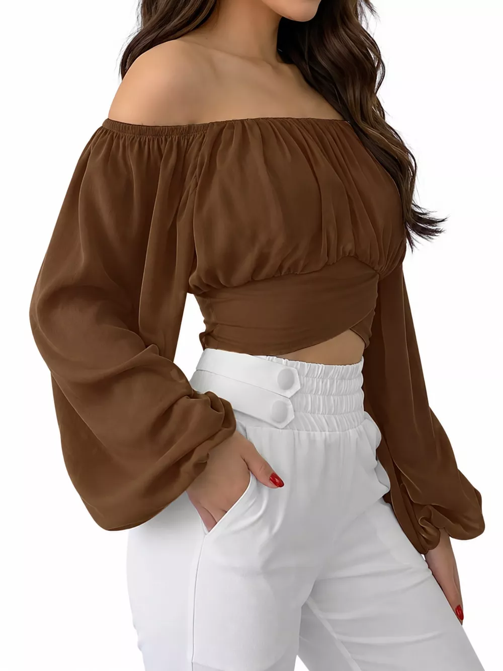 Off-Shoulder Long Sleeve Cropped Blouse, image 22