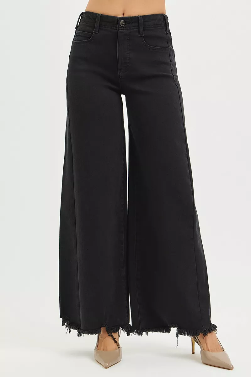 Tummy Control High Rise Palazzo Leg Frayed Hem Jeans