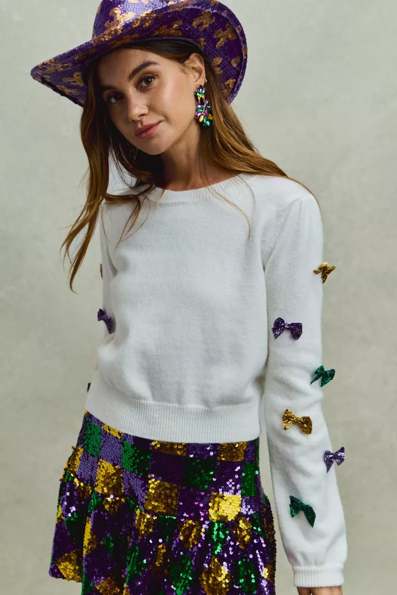 Mardi Gras Glitter Bow Ribbon Sweater Knit Top, image 11
