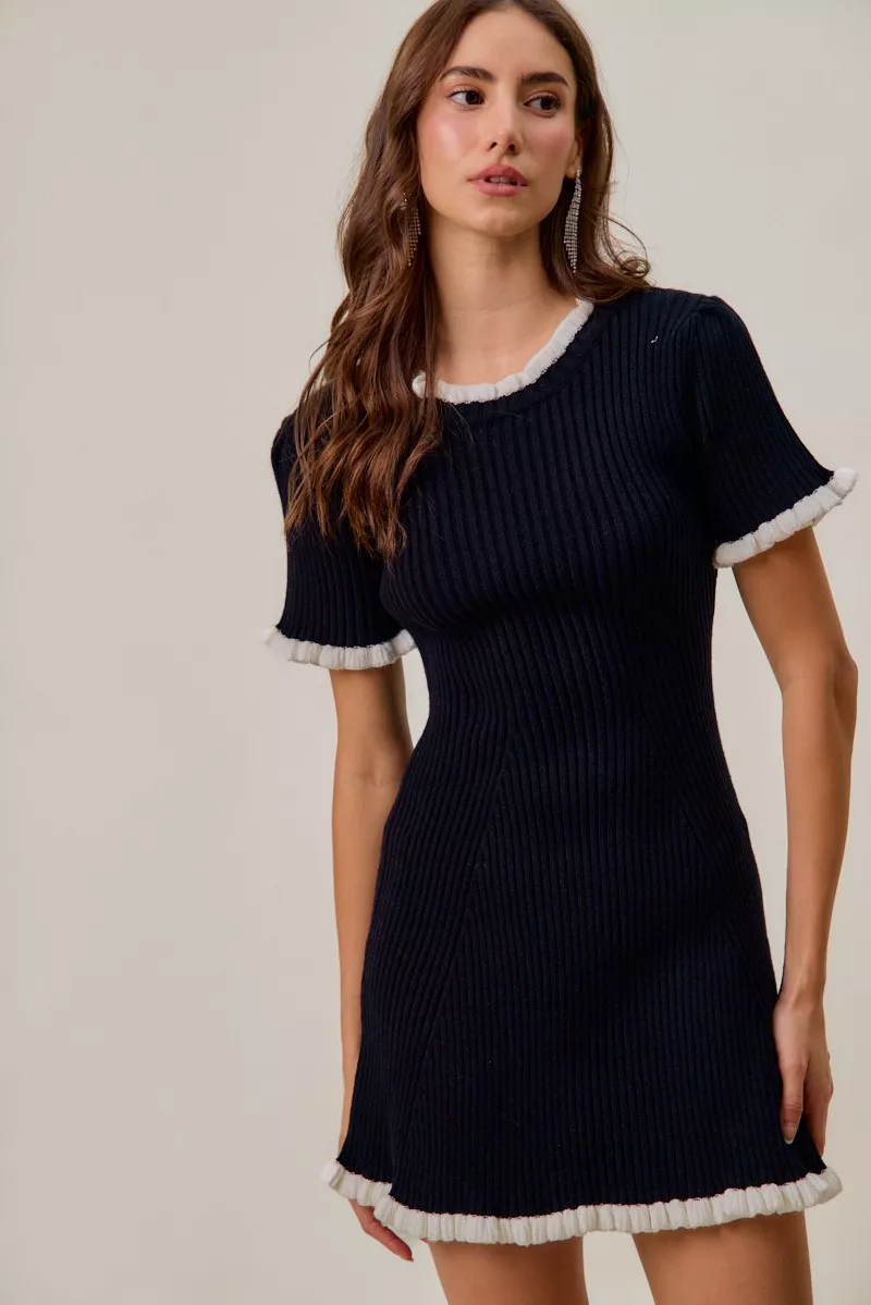 Contrast Ruffled Sweater Knit Mini Dress, image 2