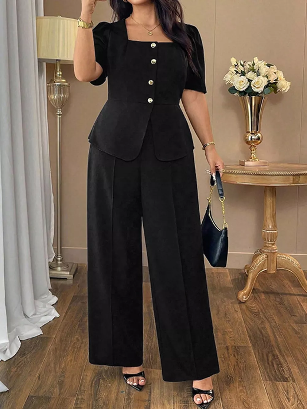 Plus Size Peplum Top and Wide-Leg Pants Two-Piece Set, image 3