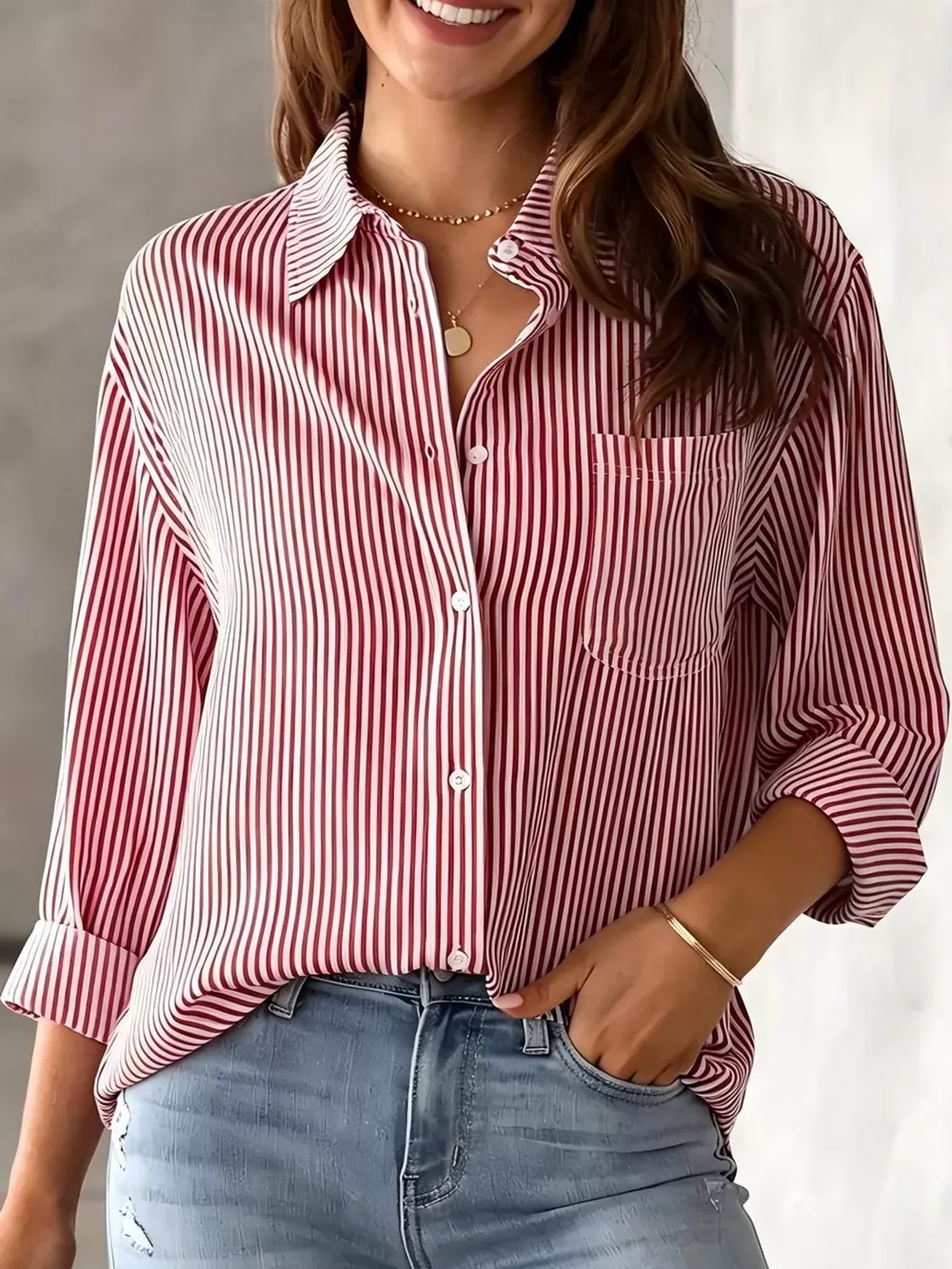 Full Size Striped Button-Down Long Sleeve Shirt Plus Size, image 45