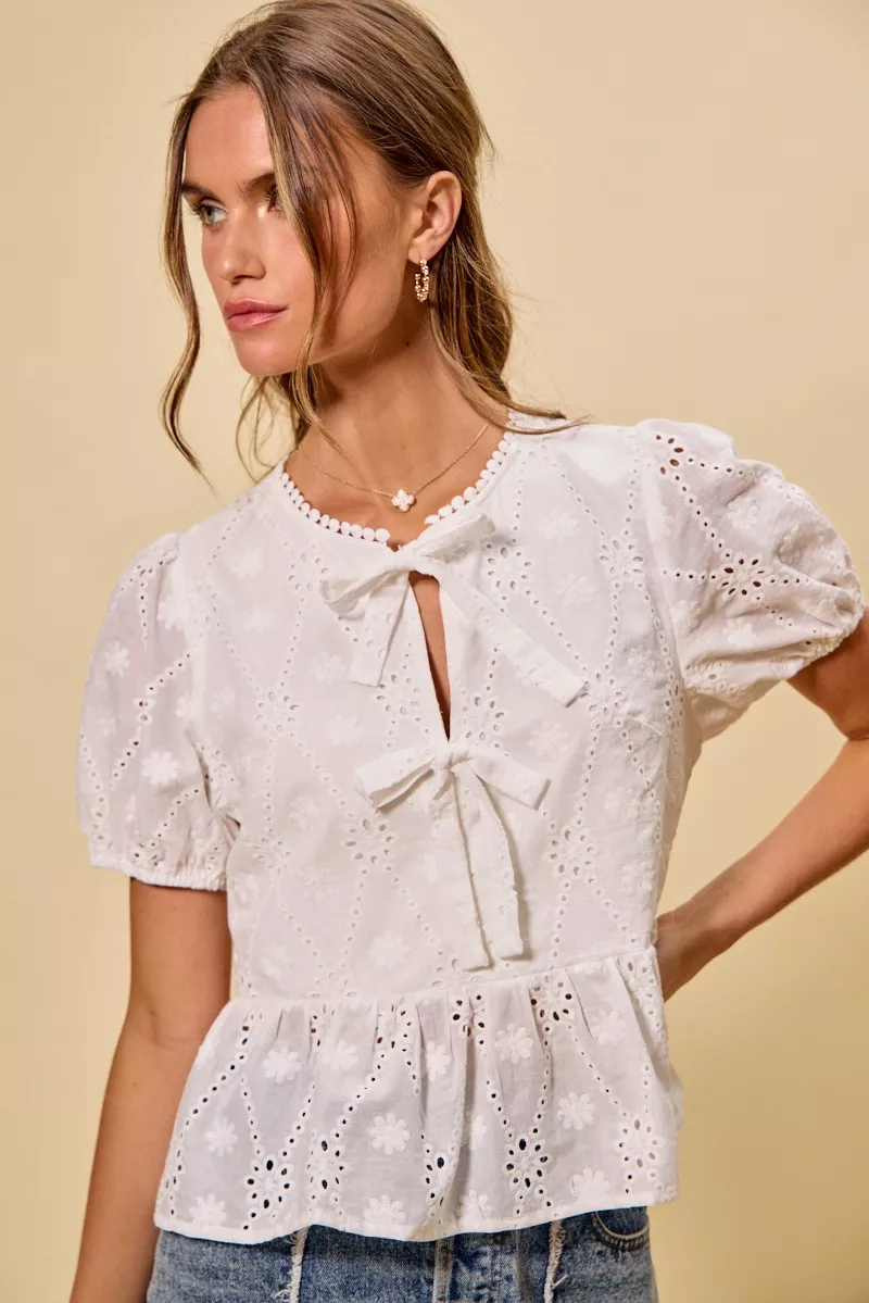 Cotton Eyelet Front Tie Short Sleeves Blouse, image 5