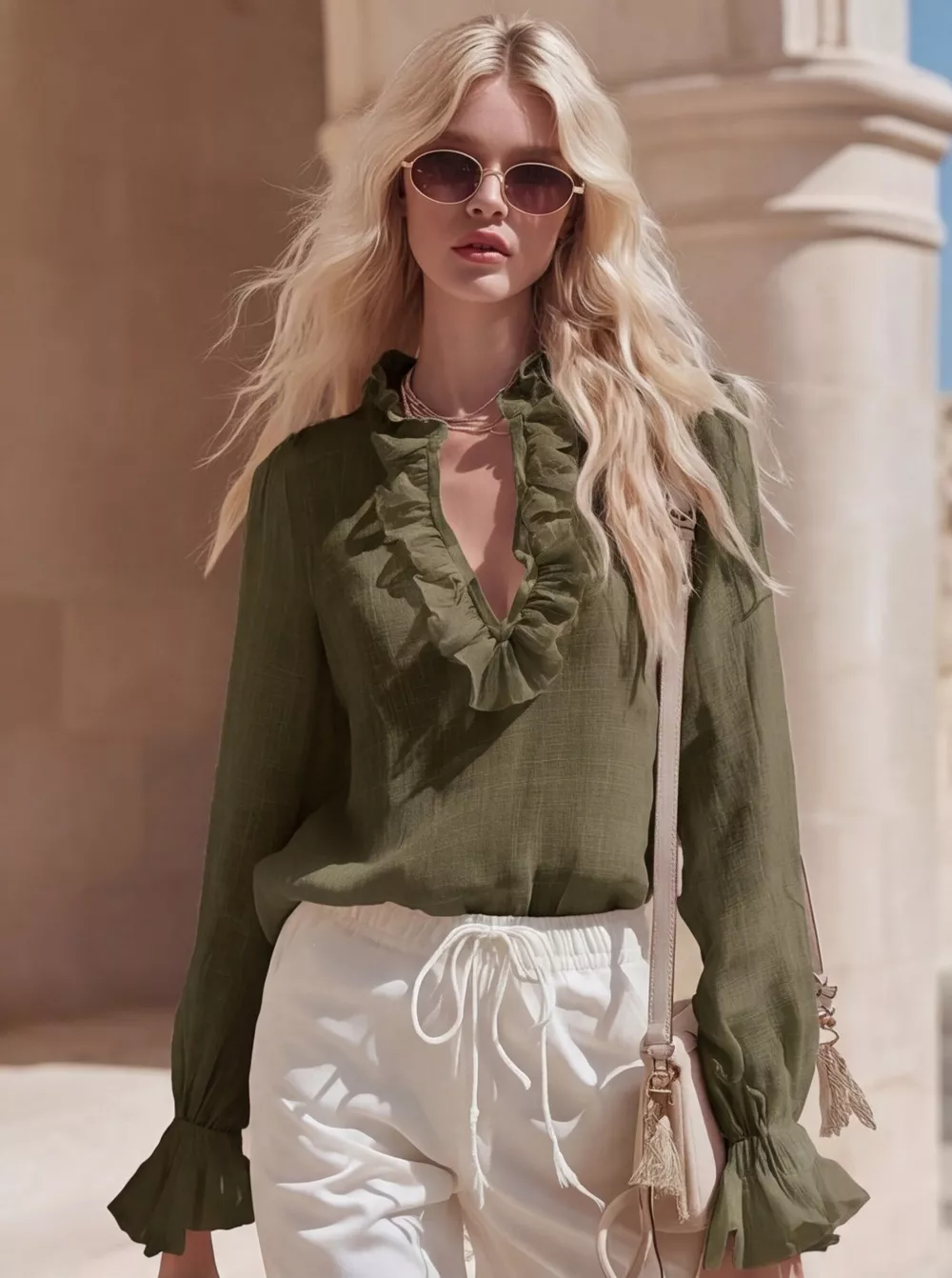 Ruffled V-Neck Long Sleeve Blouse, image 12