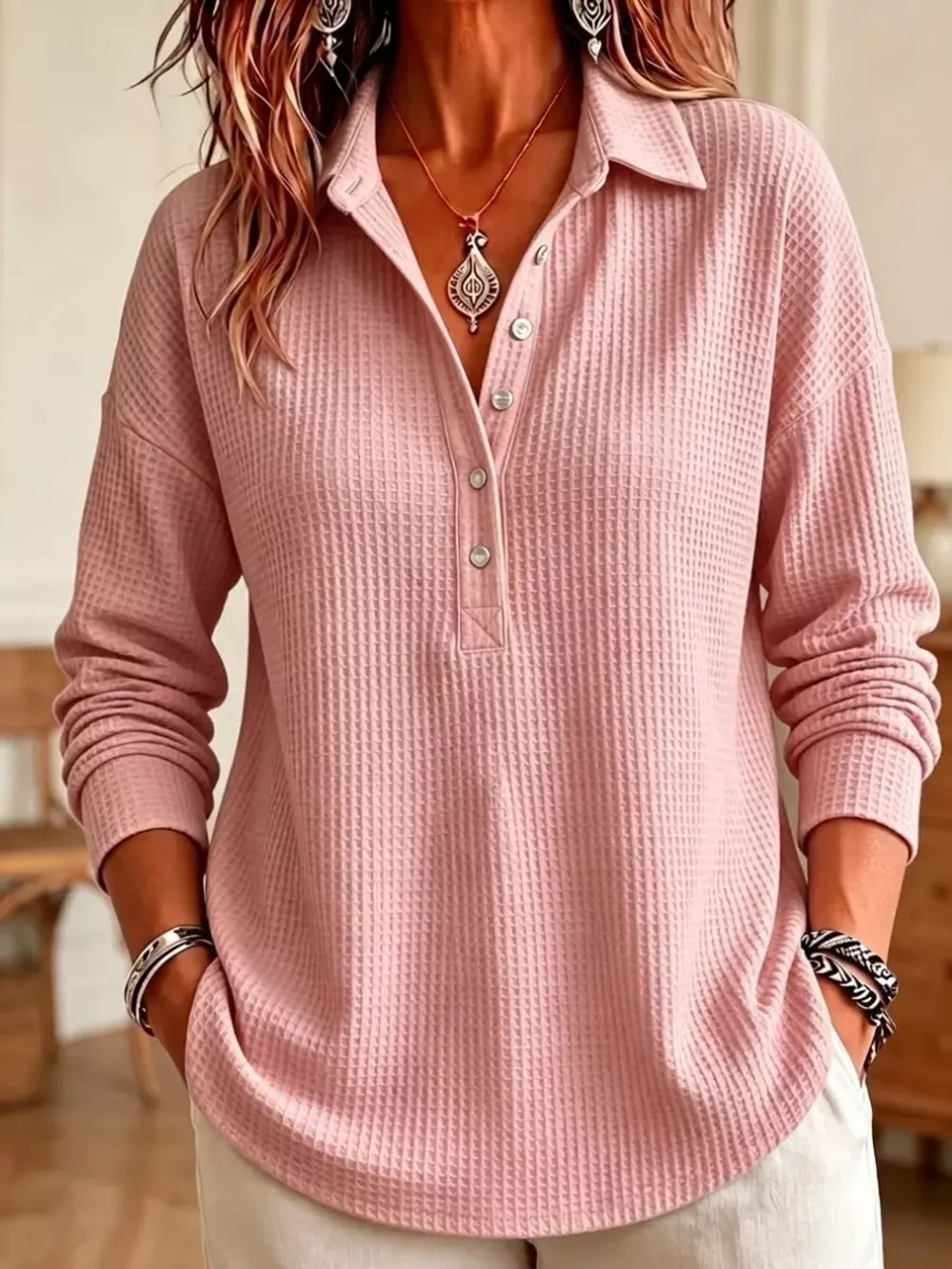 Full Size Waffle Knit Button Detail Top Plus Size, image 9