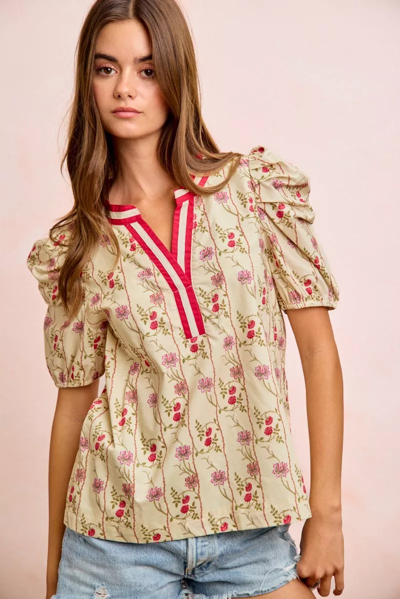 Floral Gather Sleeves Contrast Neckband Blouse Top, image 4