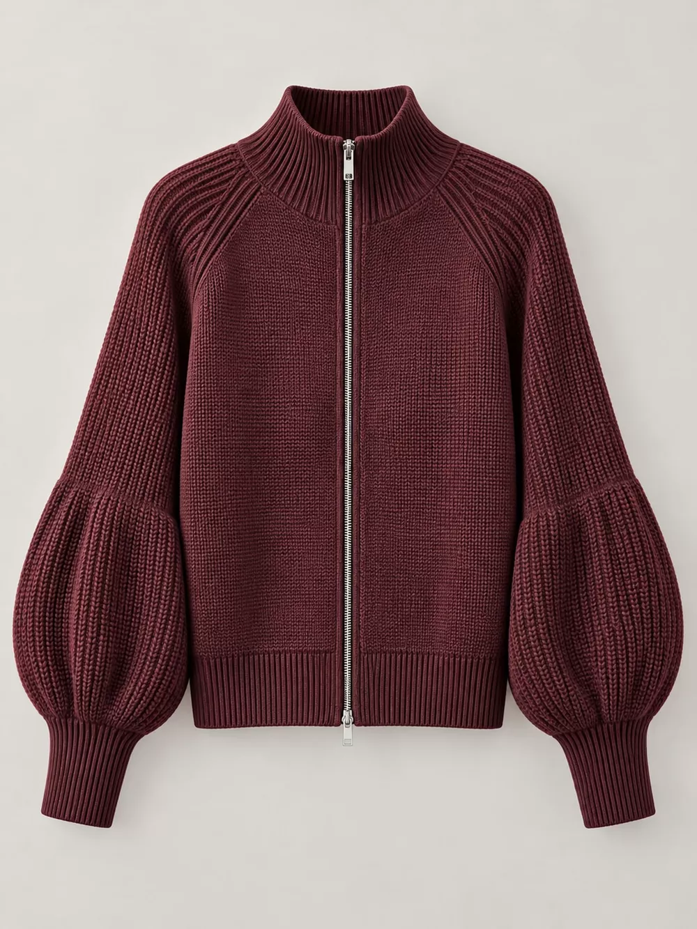 Ribbed Knit Zip-Up Cardigan with Lantern Sleeves, image 4