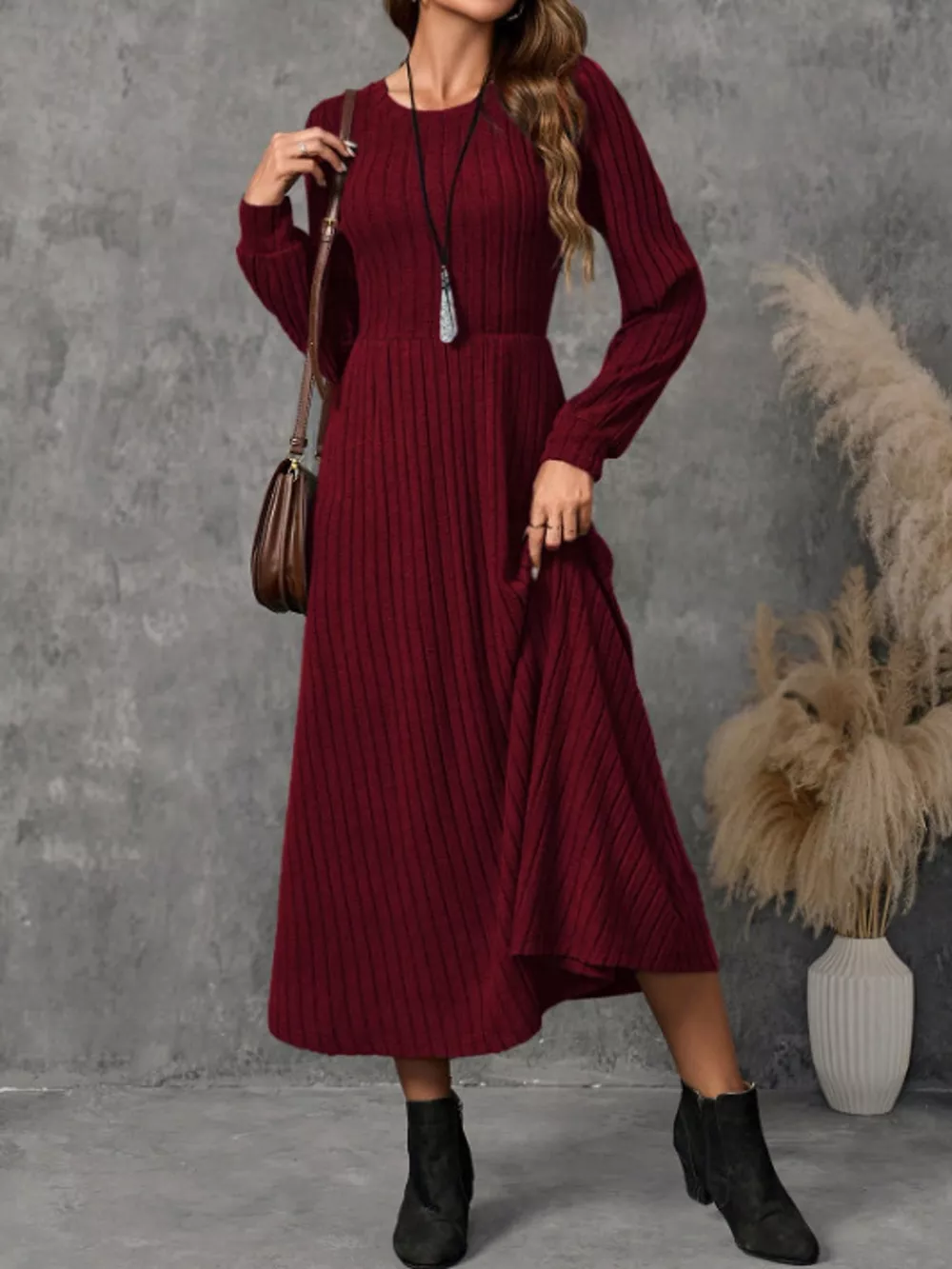 Ribbed Knit Long Sleeve A-Line Midi Dress, image 10