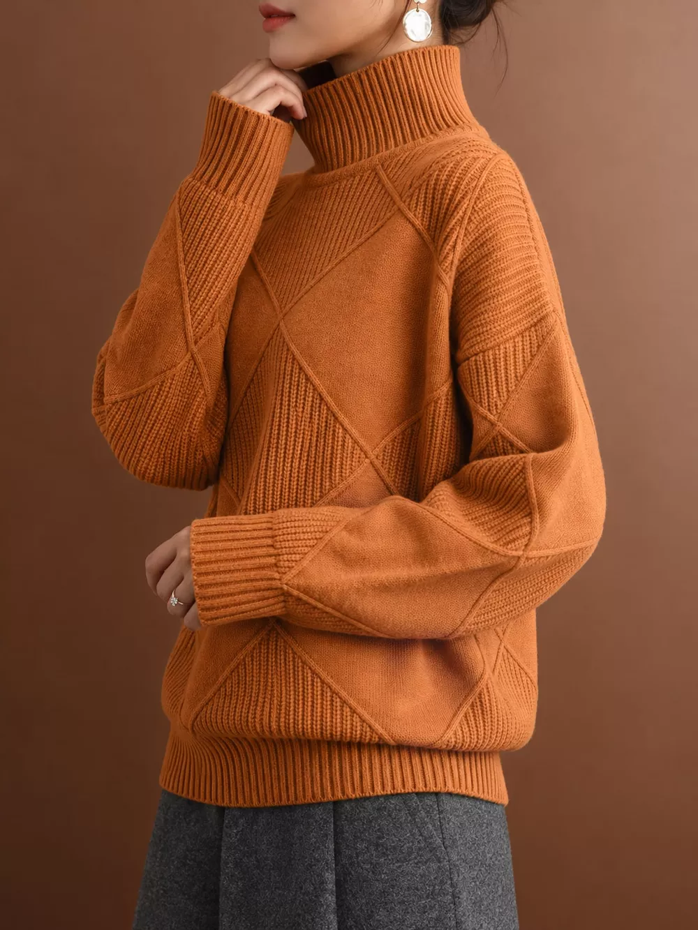Full Size Diamond Pattern Turtleneck Sweater Plus Size, image 43