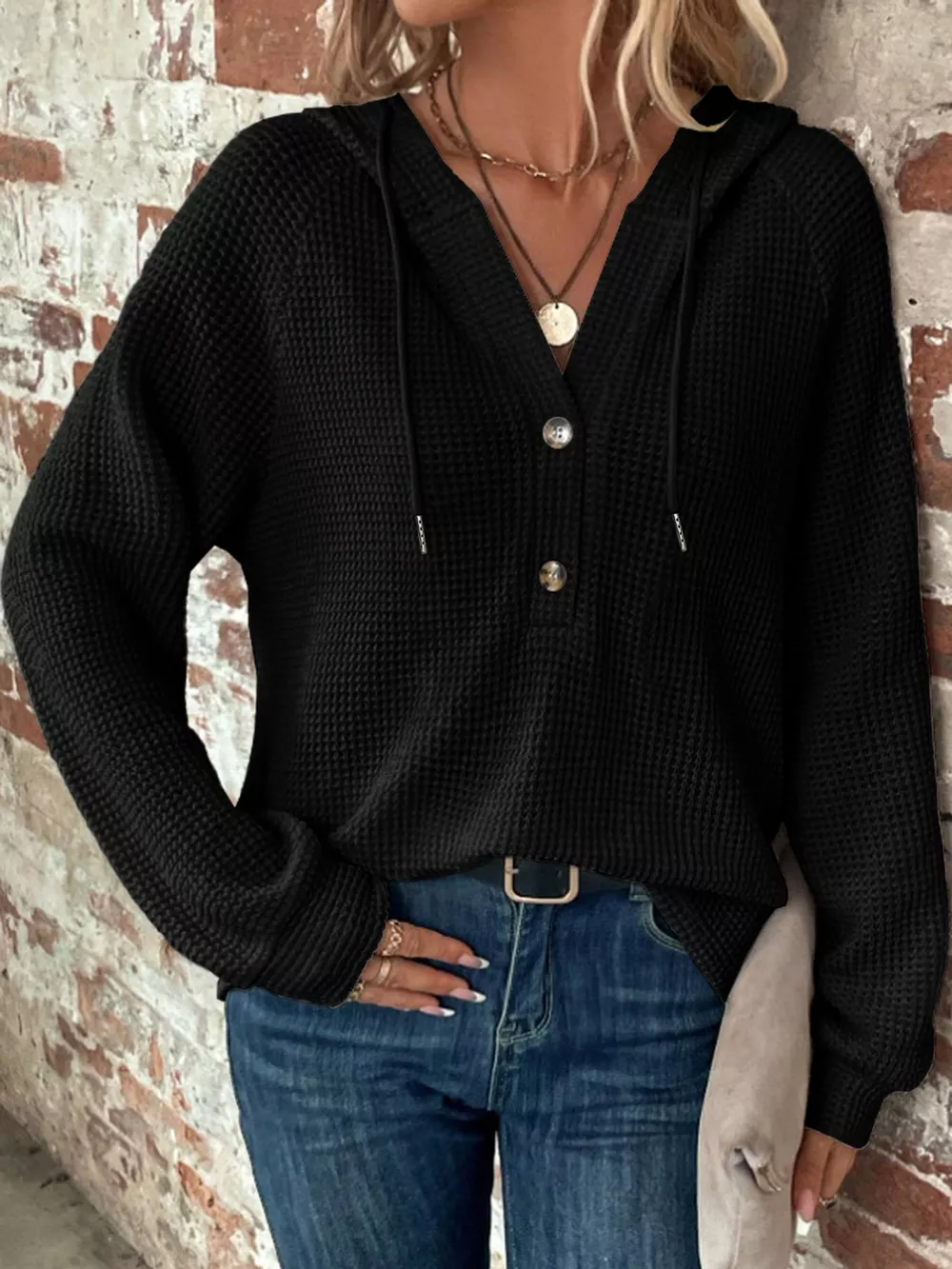 Full Size Waffle Knit Button Detail Hoodie Plus Size, image 26