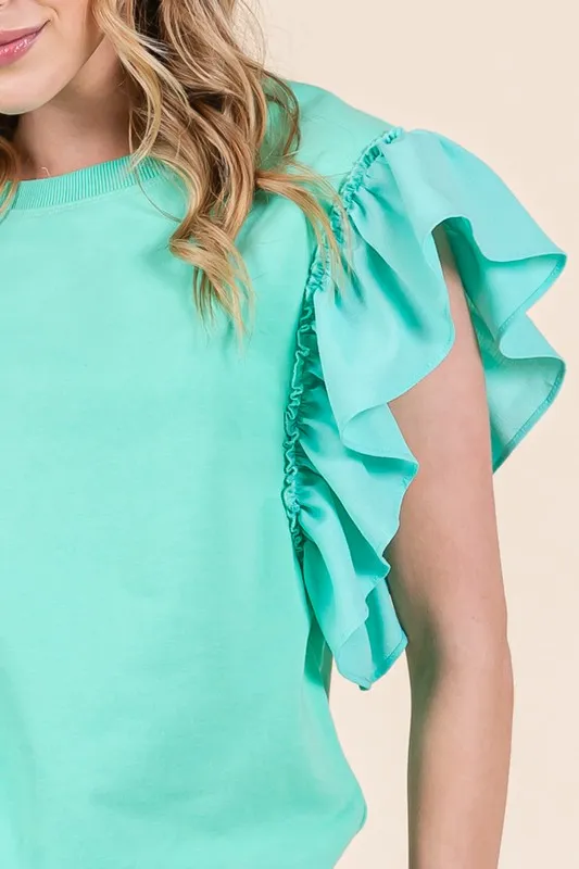 Solid Shoulder Ruffle Detail Round Neck Top, image 8