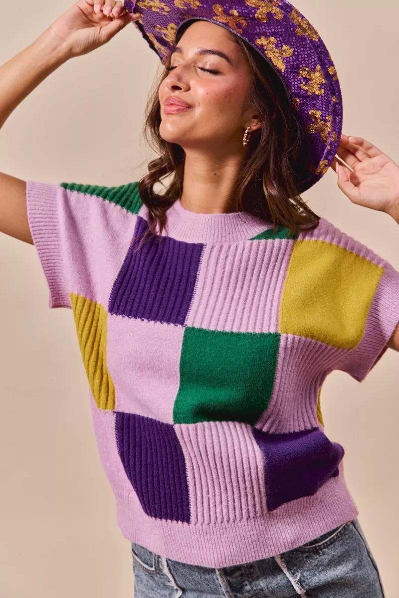 Mardi Gras Check Plaid Casual Sweater Top, image 5