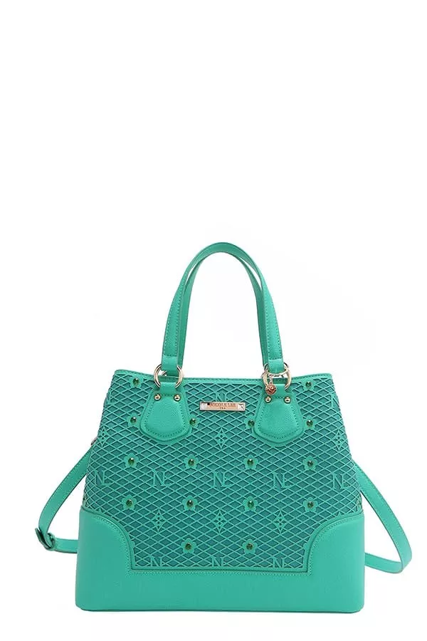 Monogram Pattern Handbag with Rhinestones Decor