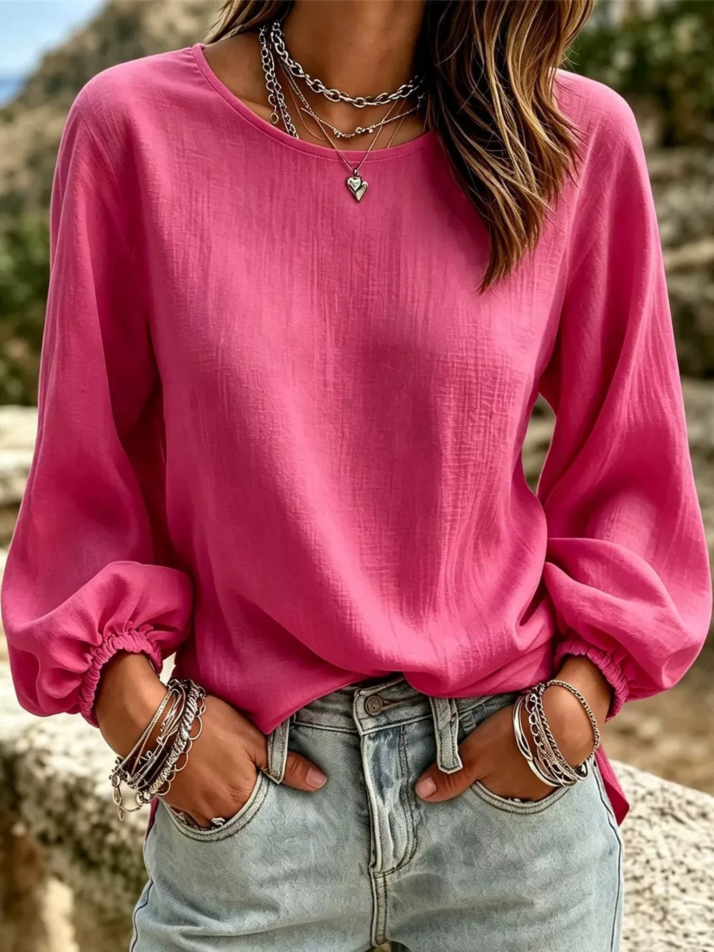 Full Size Elasticated Cuffs Long Sleeve Blouse Plus Size, image 10