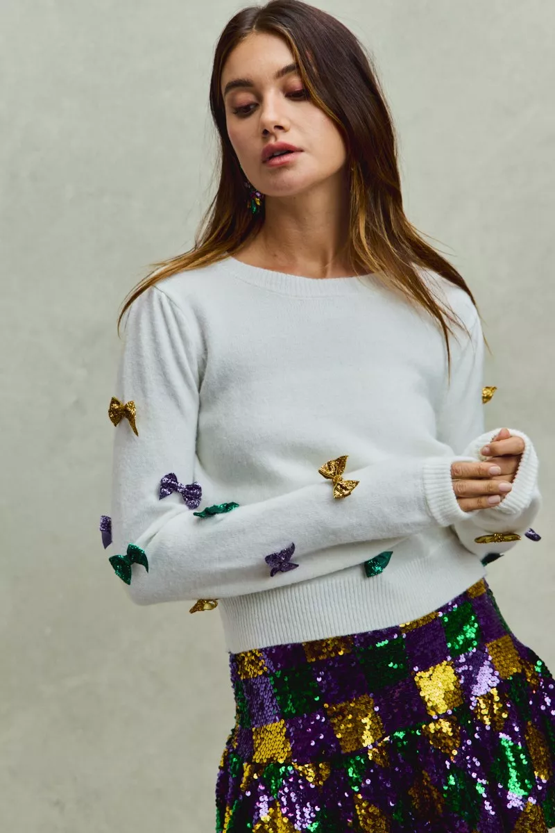 Mardi Gras Glitter Bow Ribbon Sweater Knit Top, image 6