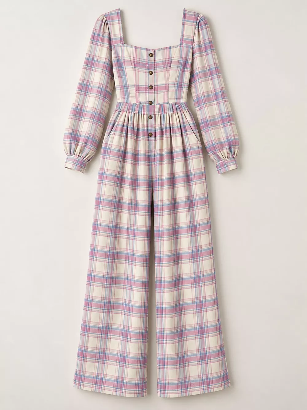 Plaid Square Neck Long Sleeve Wide-Leg Jumpsuit, image 23