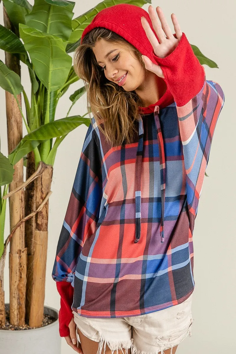 Plaid Mirr Brushed Rib Contrast Thumb Open Hoodie, image 8