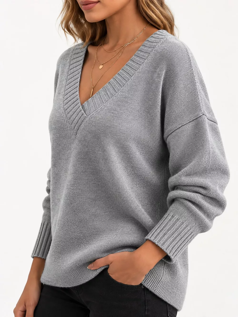 Full Size V-Neck Dropped Shoulder Sweater Plus Size, image 24