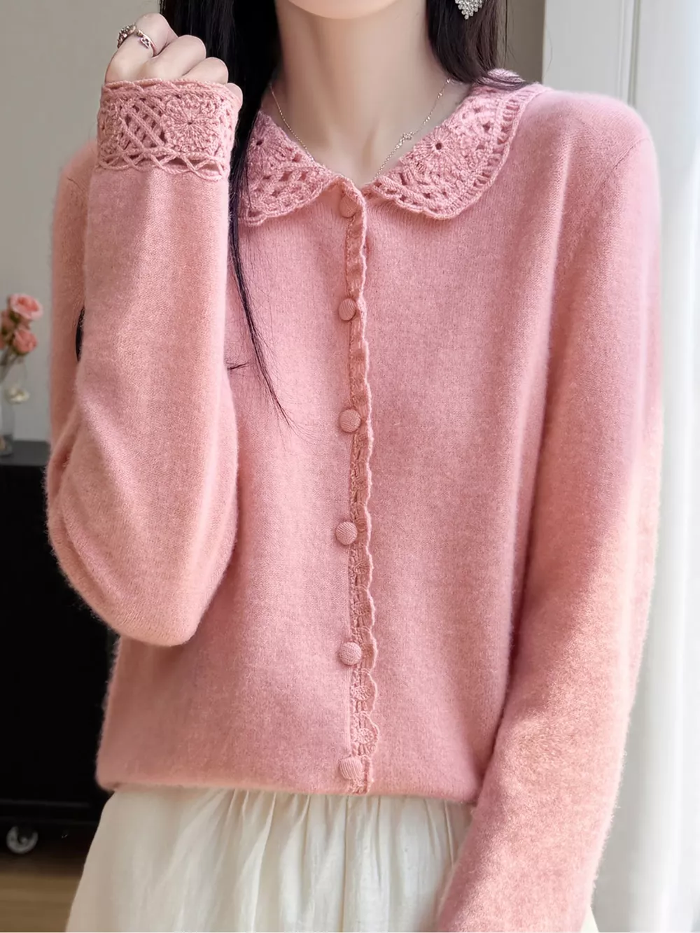 Lace-Collar Button Down Knit Cardigan, image 2