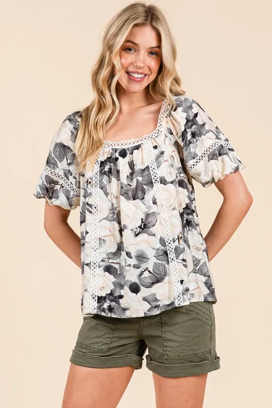 Floral Print Lace Trim Puff Sleeve Blouse, image 5