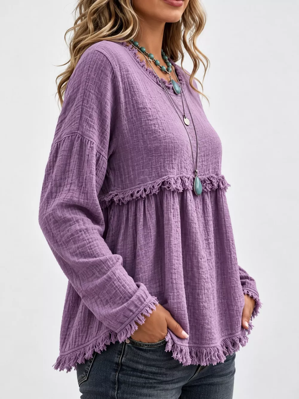 Full Size Frayed Hem Textured Blouse Plus Size, image 23