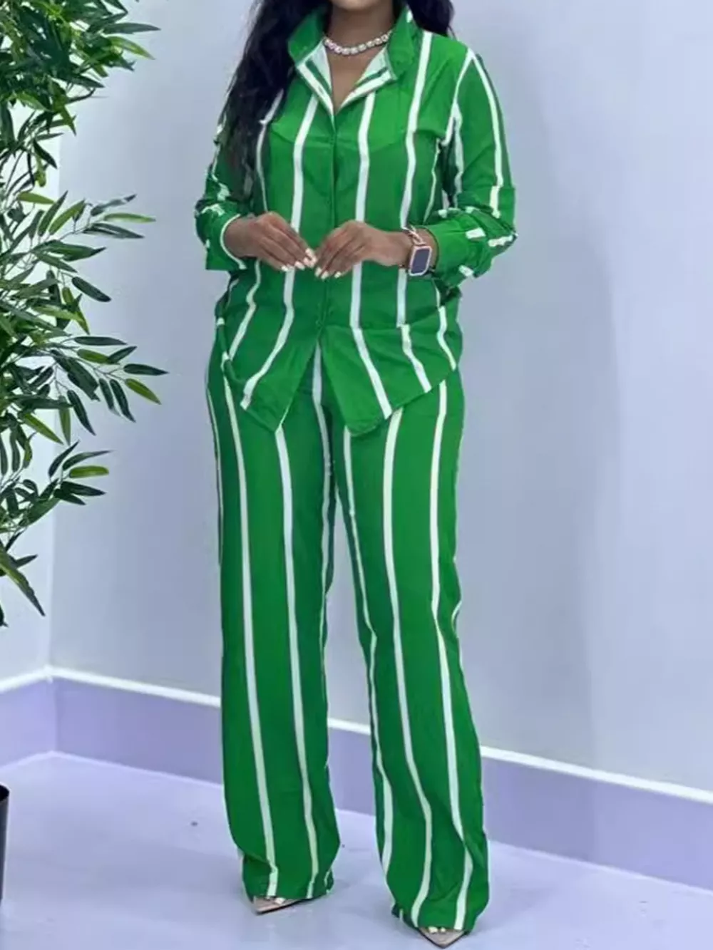 Striped Button-Down Shirt and Wide-Leg Pants Two-Piece Set, image 2