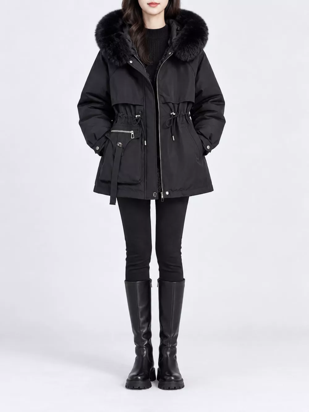 Plus Size Faux Fur Hooded Drawstring Waist Winter Parka Outerwear