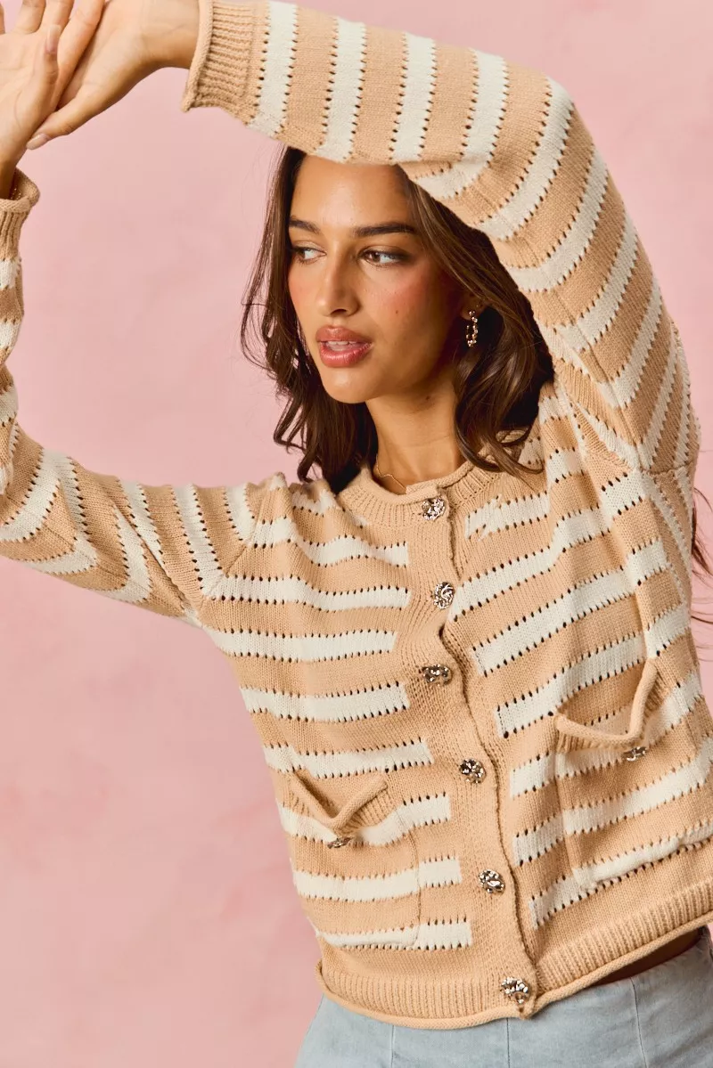 Stripe Long Sleeves Button Sweater Cardigan, image 12