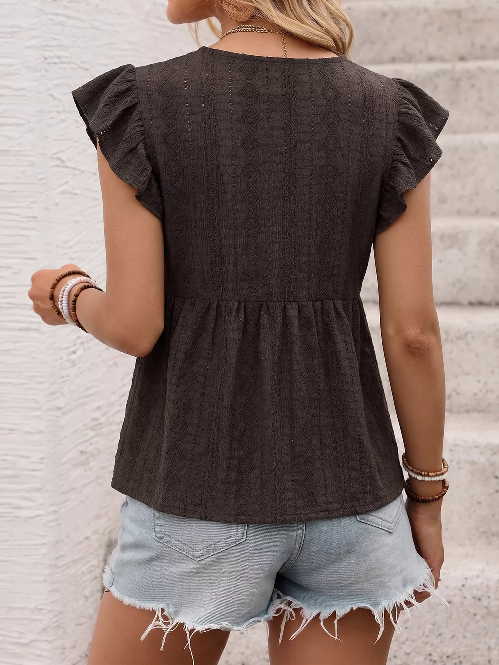 Lace Detail Ruffle Sleeve V-Neck Blouse, image 5