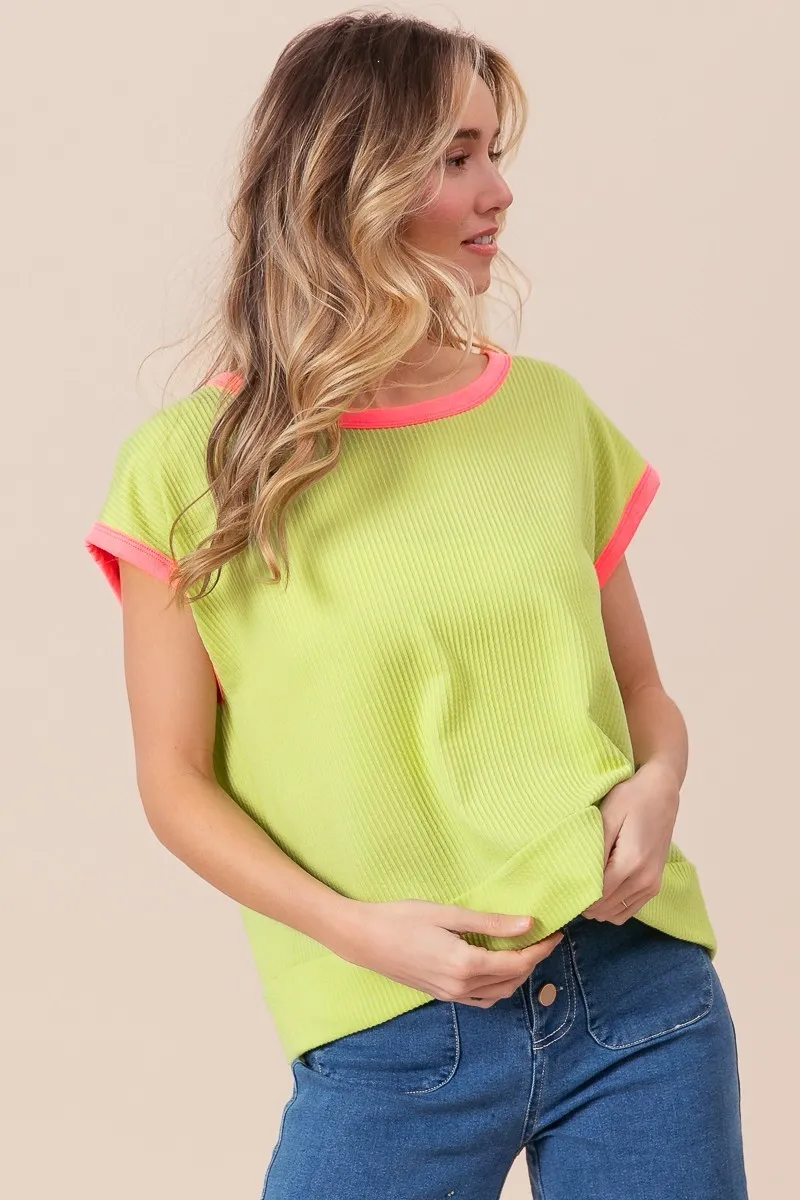 Cord Rib Knit Contrast Banded Top, image 2