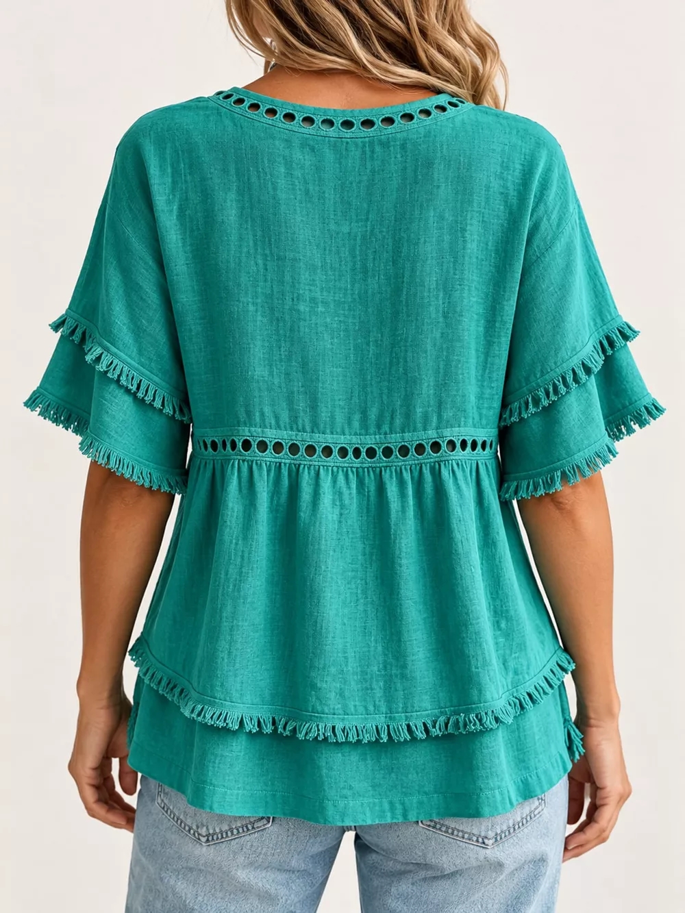 Full Size Frayed Hem V-Neck Blouse Plus Size, image 19