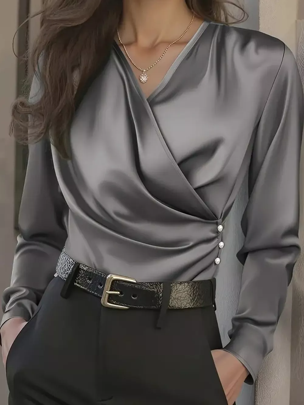 Satin Surplice Long Sleeve Blouse, image 5