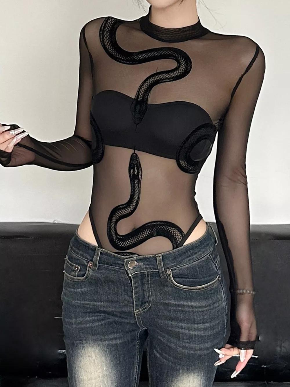 Sheer Mesh Snake Print Long Sleeve Bodysuit, image 4